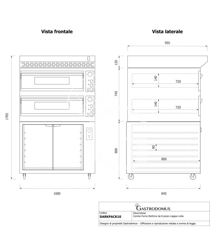 Horno eléctrico para 4+4 pizzas de Ø 350 mm con 2 cámaras de control mecánico