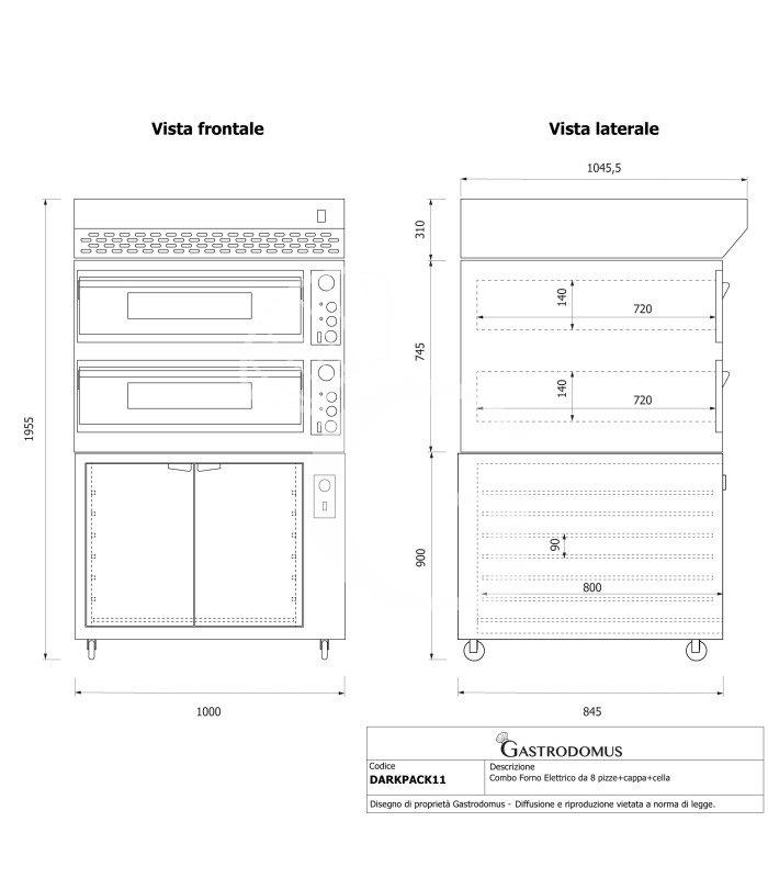 Horno eléctrico para 4+4 pizzas de Ø 350 mm con 2 cámaras de control mecánico