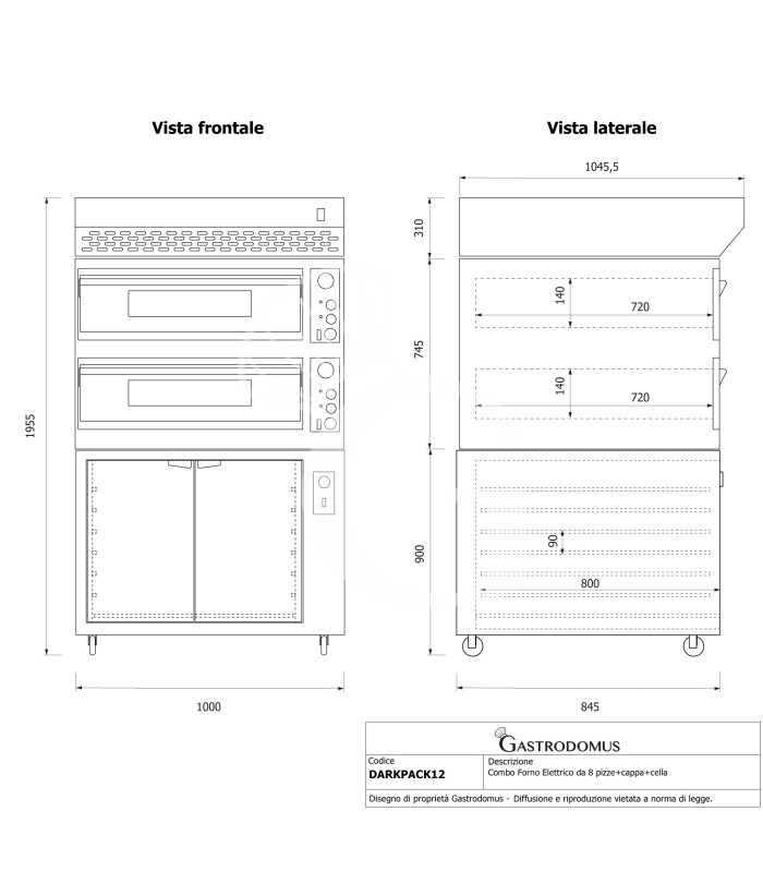 Horno eléctrico para 4+4 pizzas de Ø 350 mm con 2 cámaras de control mecánico