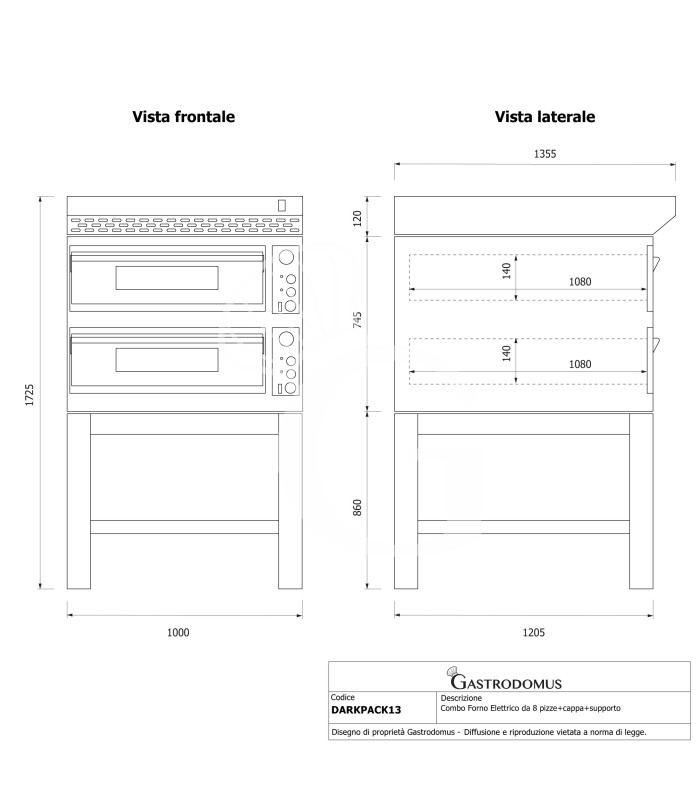 Horno eléctrico para 6+6 pizzas de Ø 350 mm, 2 cámaras, control mecánico, 18 kW, diseño negro