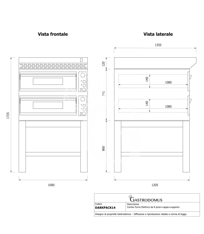 Horno eléctrico para 6+6 pizzas de Ø 350 mm, 2 cámaras, control mecánico, 18 kW, diseño negro