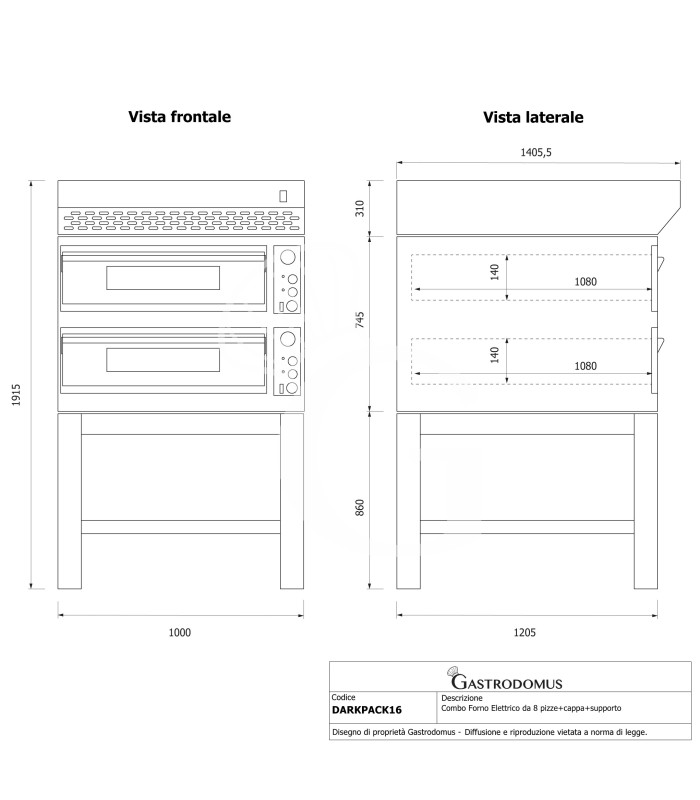 Horno eléctrico para 6+6 pizzas de Ø 350 mm, 2 cámaras, control mecánico, 18 kW, diseño negro