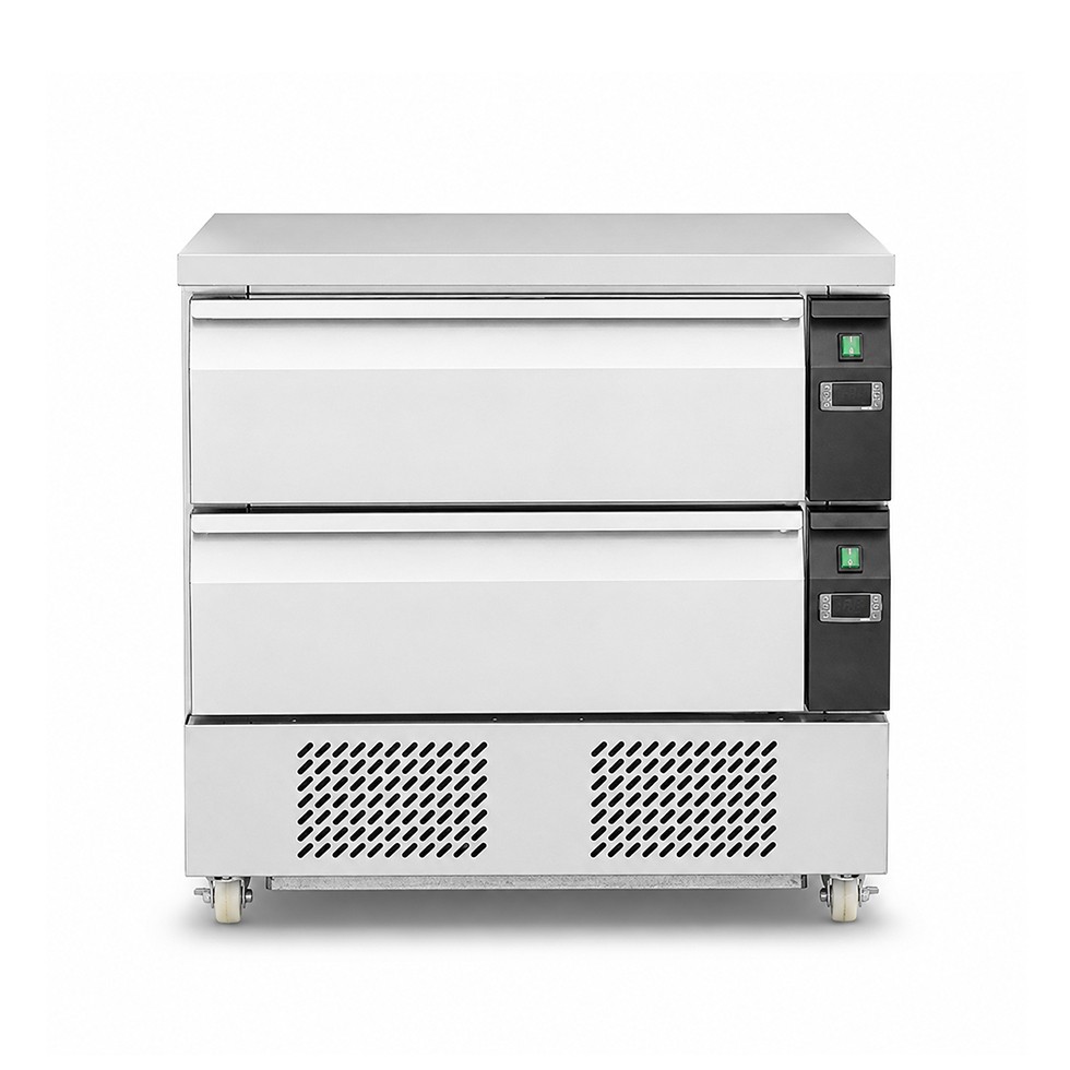 Cajonera doble refrigerada con ruedas, 4xGN1/1, conversión de temperatura de negativa a positiva, dos unidades refrigerantes