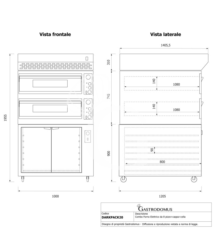 Horno eléctrico 6+6 pizzas Ø 350 mm – 18 kW negro, campana de condensación de acero inoxidable y fermentadora