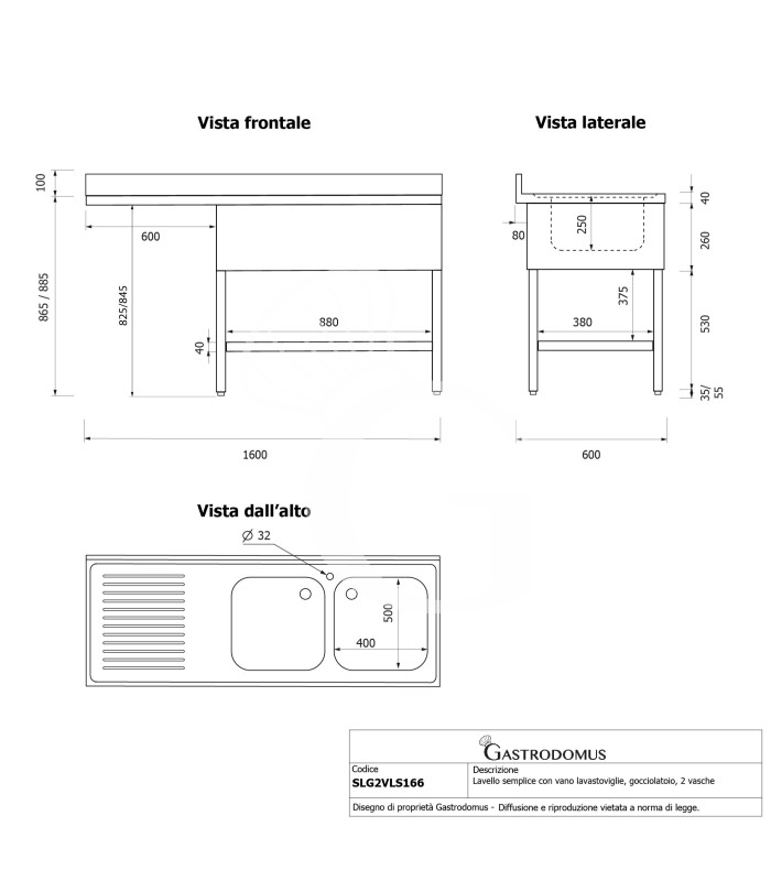 Fregadero con hueco para lavavajillas 2 cubetas y escurridor a la izquierda L1600xP600xA965-con agujero para el grifo Ø 32 mm