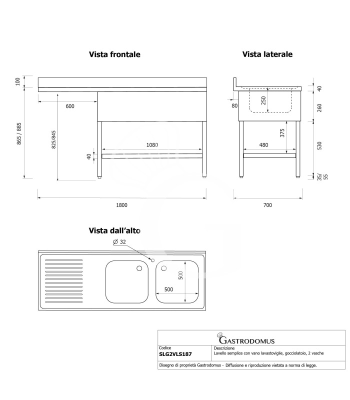 Fregadero con hueco para lavavajillas 2 cubetas y escurridor a la izquierda L1800xP700xA965-con agujero para el grifo Ø 32 mm