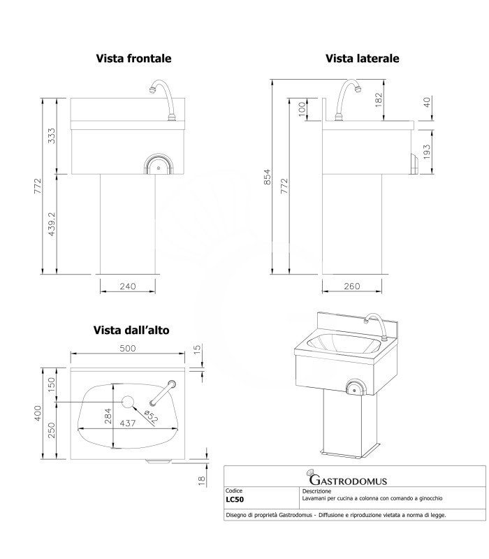 Lavamanos acero 304 de pared con mando a rodilla