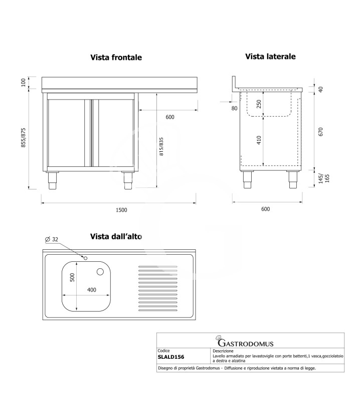 Fregadero con mueble y hueco para lavavajillas, 1 cubeta, escurridor a la derecha, L1500xP600xA965mm-agujero para grifo Ø32mm