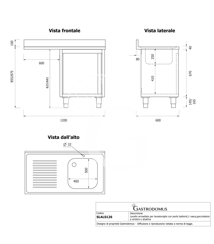 Fregadero con mueble y hueco para lavavajillas, 1 cubeta, escurridor a la izquierda y puerta batiente L1200mmxP600mmxA965mm