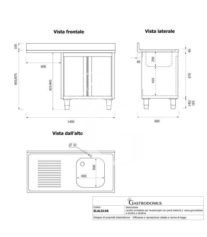 Fregadero con mueble y hueco para lavavajillas, 1 cubeta, escurridor a la izquierda y puerta batiente L1400mmxP600mmxA965mm