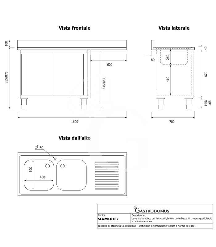Fregadero con mueble y hueco para lavavajillas, 2 cubetas, escurridor a la derecha, L1600xP700xA965mm-agujero para grifo Ø32mm