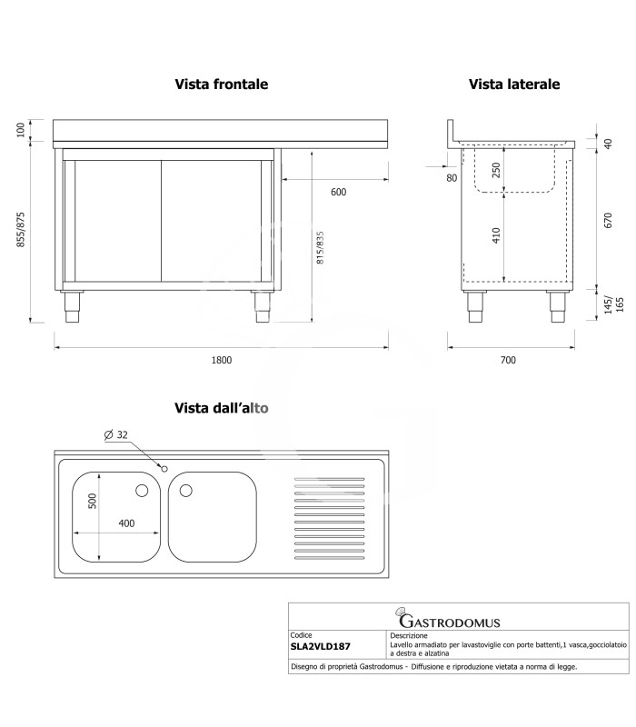 Fregadero con mueble y hueco para lavavajillas, 2 cubetas, escurridor a la derecha L1800xP700xA965mm - agujero grifo Ø 32mm