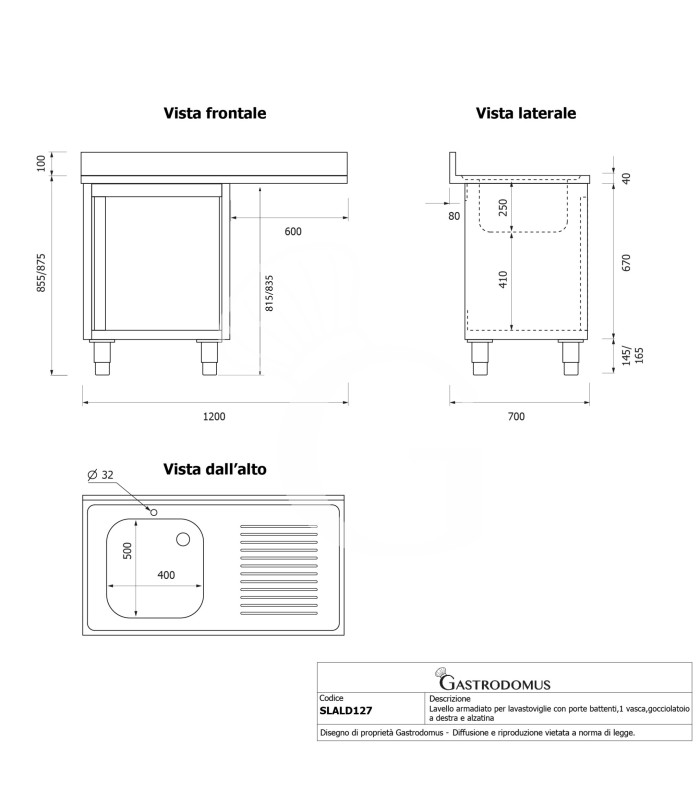Fregadero con mueble y hueco para lavavajillas, 1 cubeta, escurridor a la derecha L 1200 mm x P 700 mm x A 965 mm