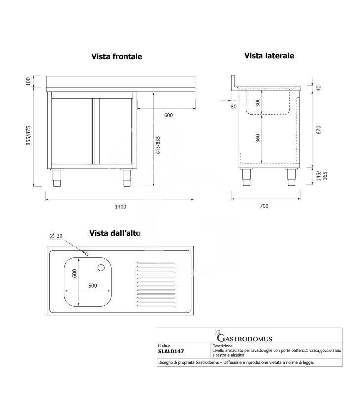 Fregadero con mueble y hueco para lavavajillas, cubeta, escurridor a la derecha L1400mmxP700mmxA965mm - agujero grifo Ø 32mm
