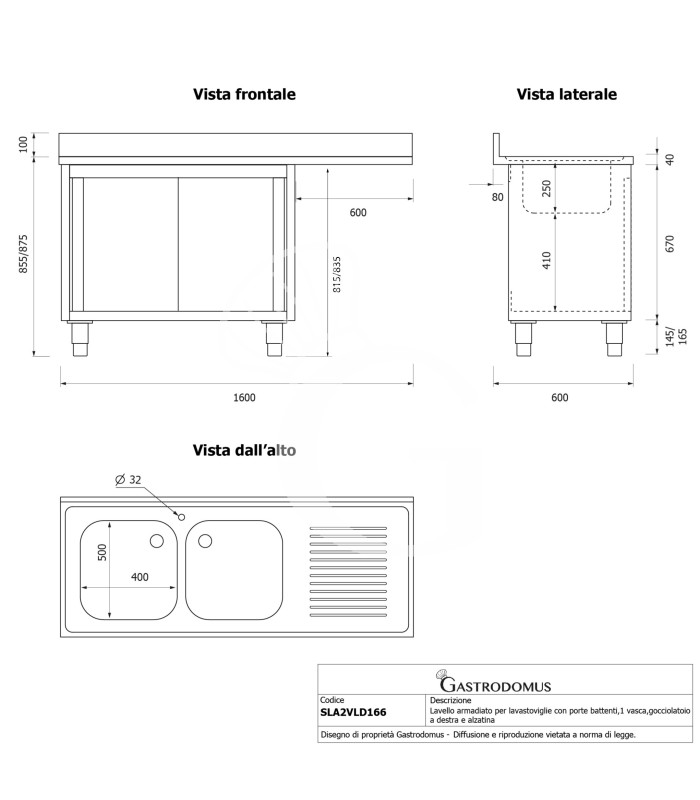Fregadero con mueble y hueco para lavavajillas, 2 cubetas, escurridor a la derecha L 1600 mm x P 600 mm x A 965 mm