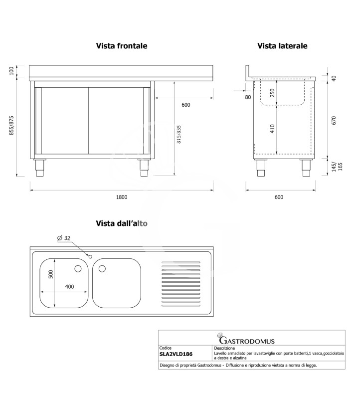 Fregadero con mueble y hueco para lavavajillas, 2 cubetas, escurridor a la derecha, L1800xP600xA965mm-agujero para grifo Ø32mm