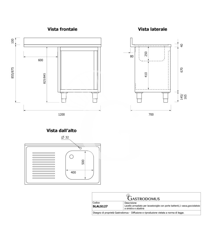 Fregadero con mueble y hueco para lavavajillas, 1 cubeta, escurridor a la izquierda L1200mmxP700mmxA965mm agujero grifo Ø 32mm