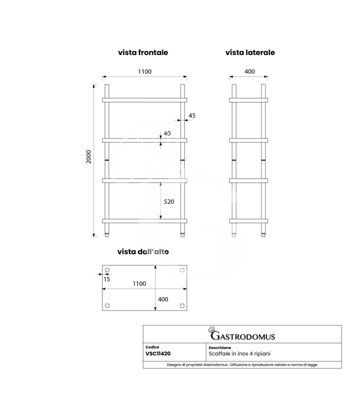 copy of Scaffale Acciaio Inox 4 ripiani L 1100 x P 400 x H 2000 mm