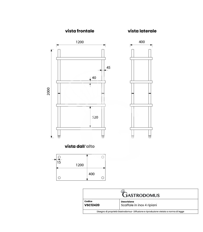 copy of Scaffale Acciaio Inox 4 ripiani L 1200 x P 400 x H 2000 mm