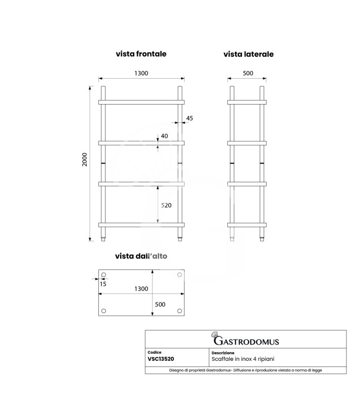 copy of Scaffale Acciaio Inox 4 ripiani L 1300 x P 500 x H 2000 mm