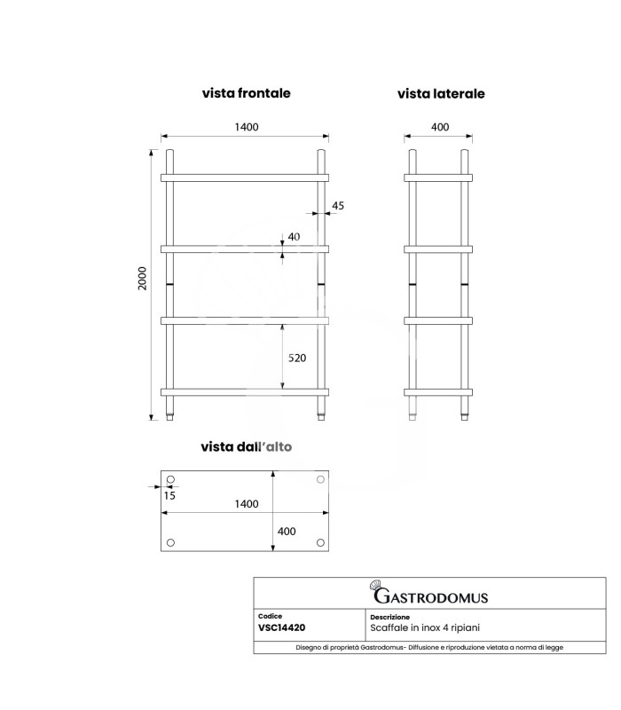 copy of Scaffale Acciaio Inox 4 ripiani L 1400 x P 400 x H 2000 mm