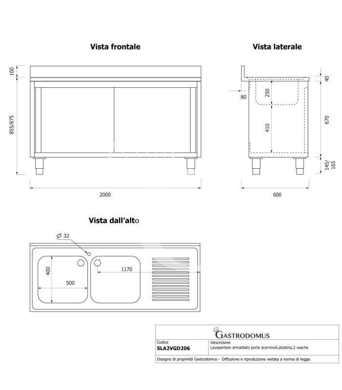 Fregadero con mueble 2 puertas correderas, 2 cubetas, escurridor a la derecha y peto L2000xP600xA965mm agujero grifo Ø32mm