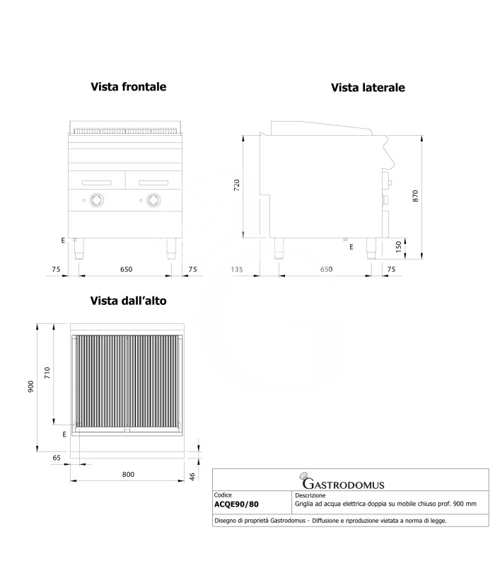 Parrilla eléctrica doble de agua sobre mueble cerrado, prof. 900 mm