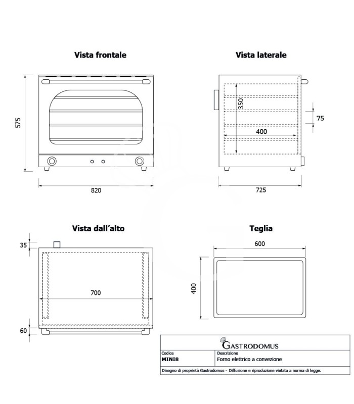 Horno eléctrico de convección y vapor, puerta abatible, controles mecánicos, 4 bandejas de 600x400 mm, potencia 6,4 kw