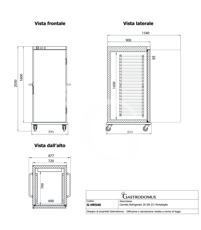 Carro refrigerado 20 GN 2/1 portabandejas, 540 litros, acero inoxidable AISI 304 con ruedas