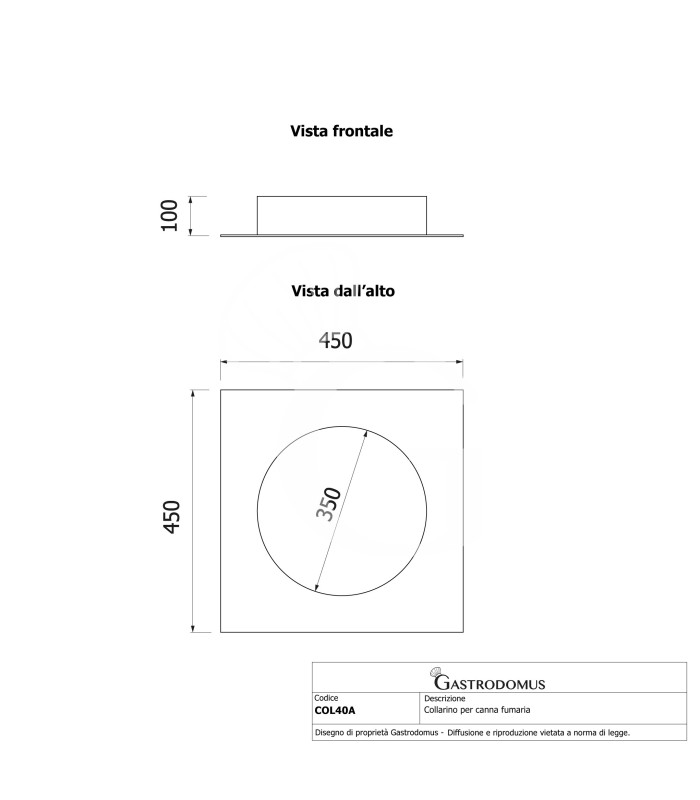 Collarín para conducto de humos de diámetro 350 mm – placa 450 × 450 mm