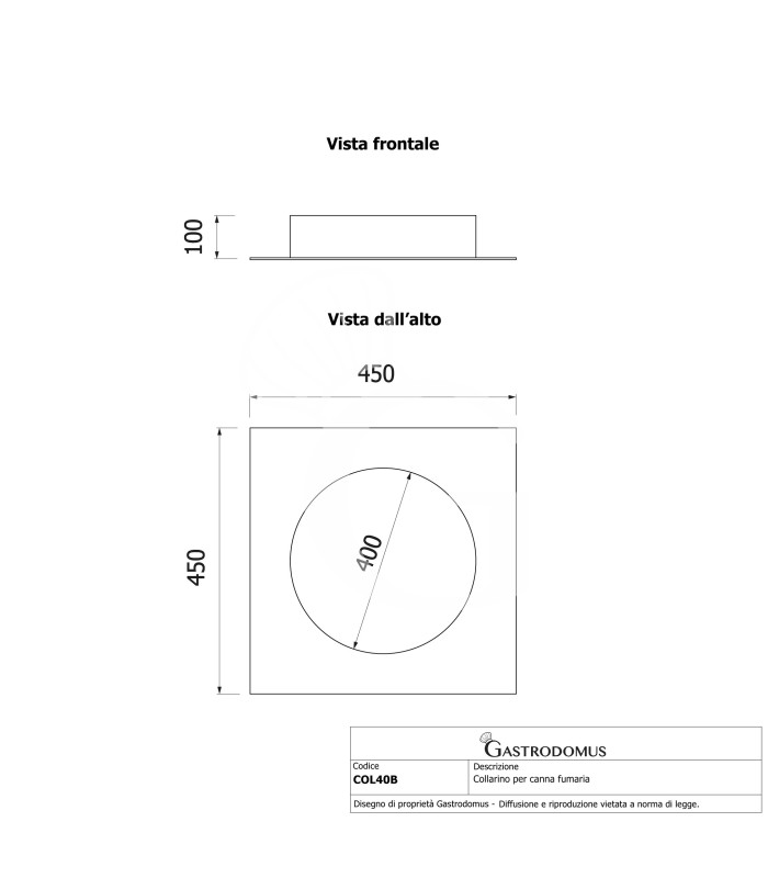 Collarín para conducto de humos de diámetro 400 mm – placa 450 × 450 mm