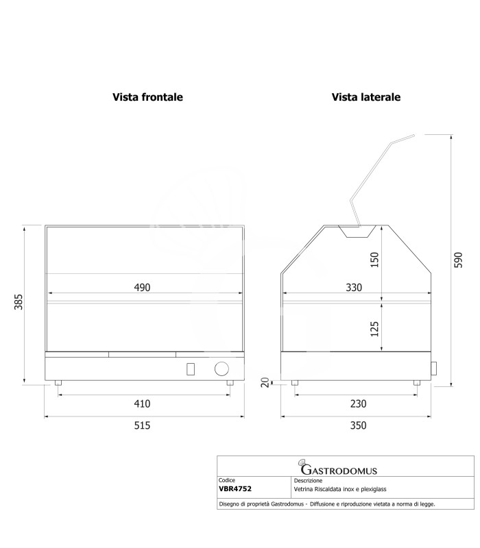 Vitrina caliente de acero inoxidable y plexiglás 2 estantes +30°C/+90°C L 515 mm x P 350 mm x A 385 mm.