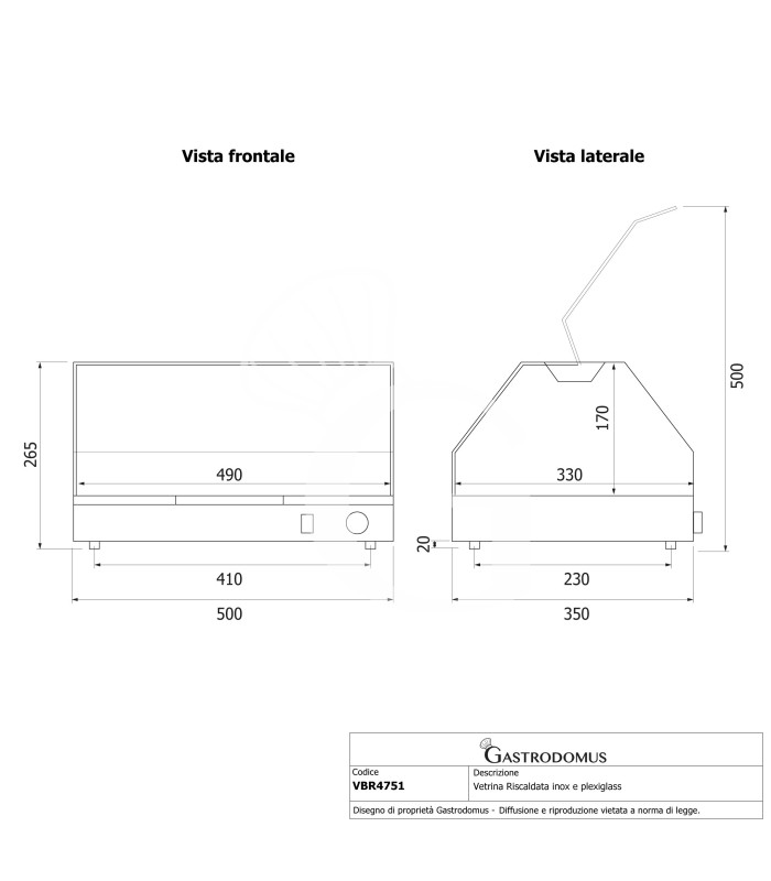 Vitrina caliente de acero inoxidable y plexiglás +30°C/+90°C L 500 mm x P 350 mm x A 265 mm
