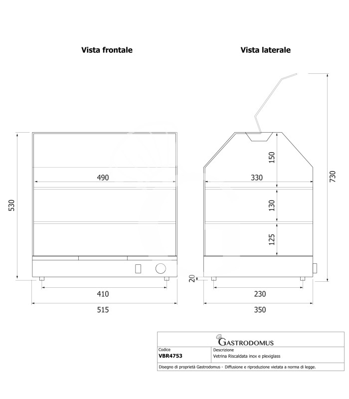 Vitrina caliente de acero inoxidable y plexiglás 3 estantes +30°C/+90°C L 515 mm x P 350 mm x A 530 mm