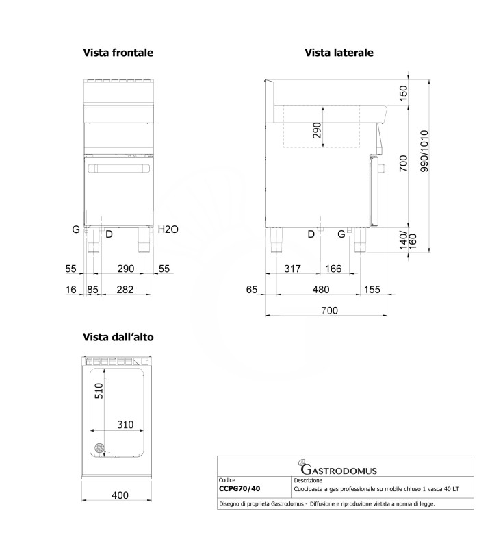 Cocedor de pasta profesional de gas 1 cuba 40 LT L 400 mm x P 700 mm x A 850 mm