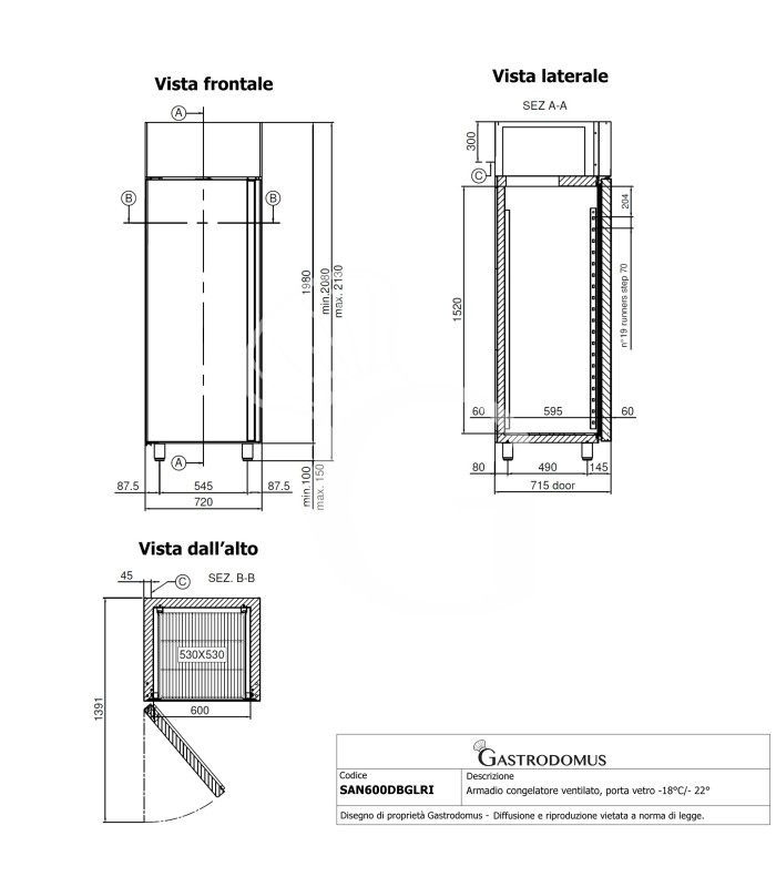 Armario congelador ventilado, puerta de vidrio –18°C/–22°C, 600 L