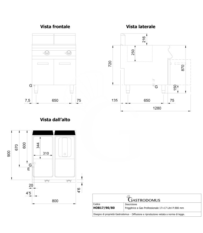 Freidora a gas profesional 17+17 litros sobre mueble cerrado prof. 900 mm – 2 cubas con quemadores no visibles 32 kW