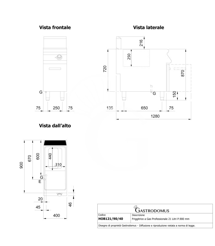 Freidora a gas profesional 21 litros sobre mueble cerrado prof. 900 mm – 1 cuba con quemadores no visibles 19 kW