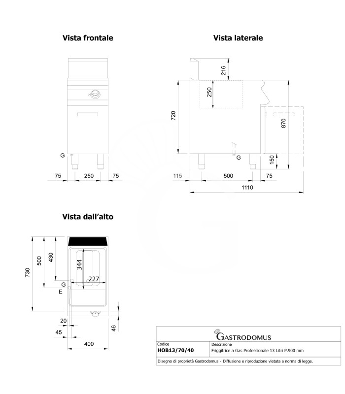 Freidora a gas profesional 13 litros sobre mueble cerrado – 1 cuba con quemadores no visibles 12 kW