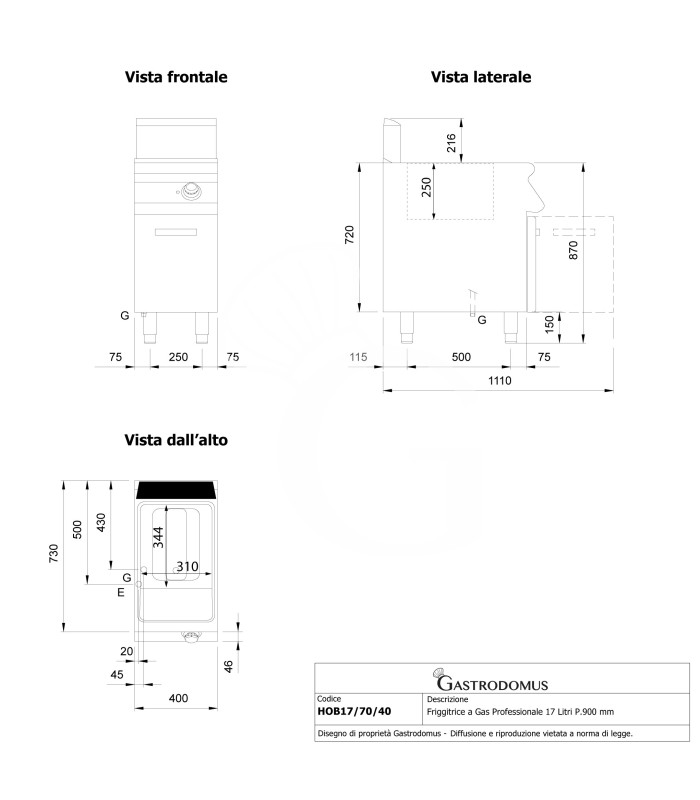 Freidora a gas profesional 17 litros sobre mueble cerrado – 1 cuba con quemadores no visibles 16 kW