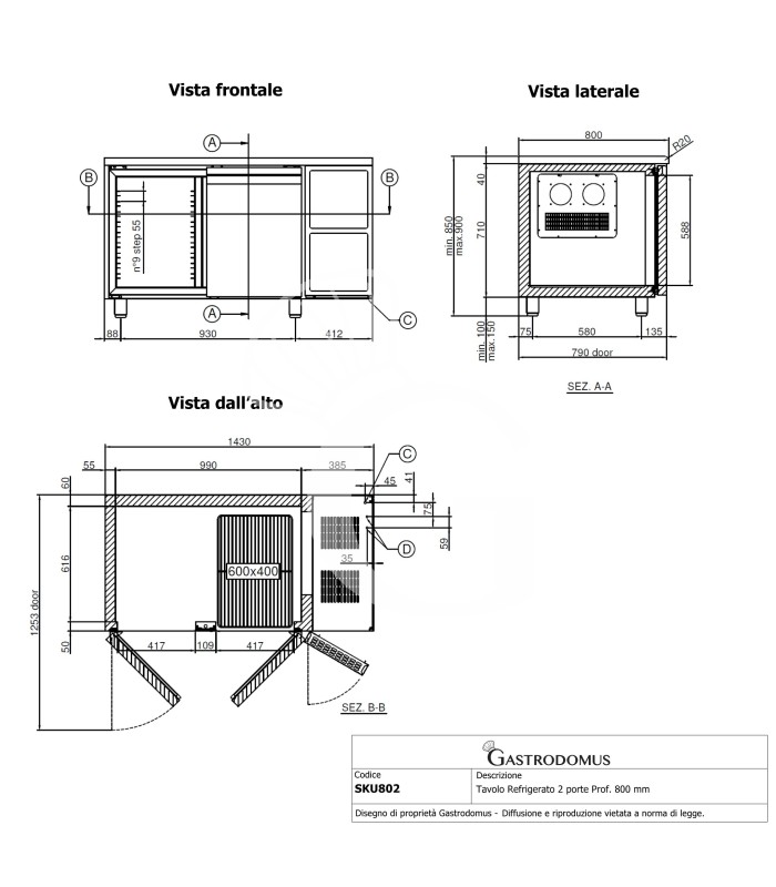Mesa Refrigerada 2 puertas 800 mm de profundidad 0°C/+10°C clase de eficiencia energética B