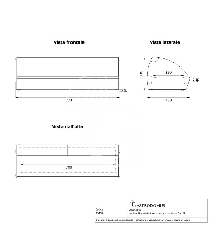 Vitrina caliente de acero inoxidable y vidrio 4 cubetas GN1/3 A 40 mm L 773 mm x P 420 mm x A 336 mm