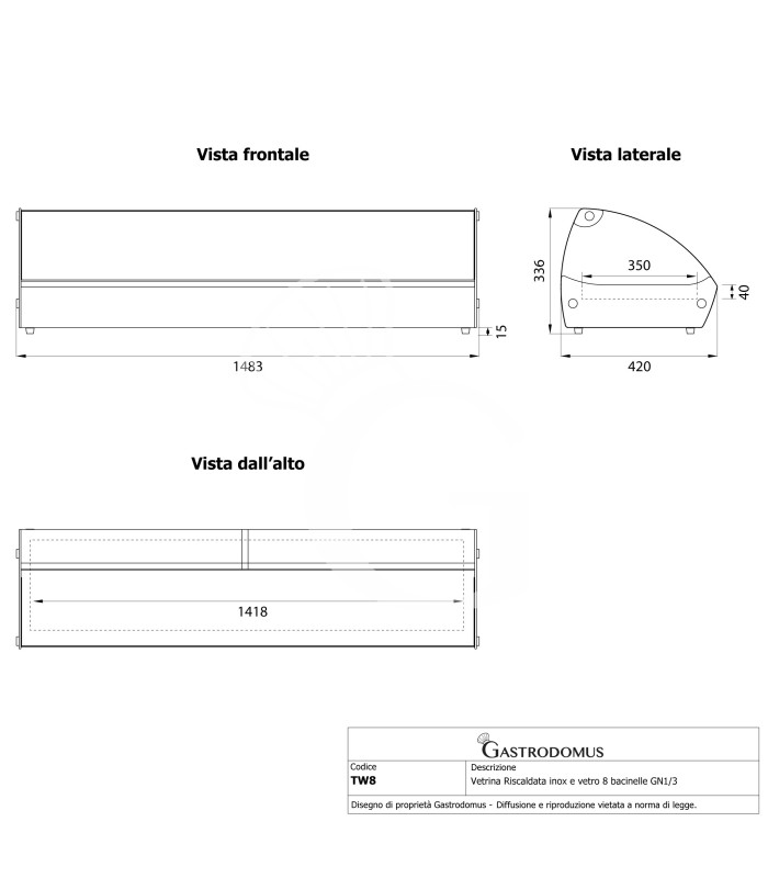 Vitrina caliente de acero inoxidable y vidrio 8 cubetas GN1/3 A 40 mm L 1483 mm x P 420 mm x A 336 mm