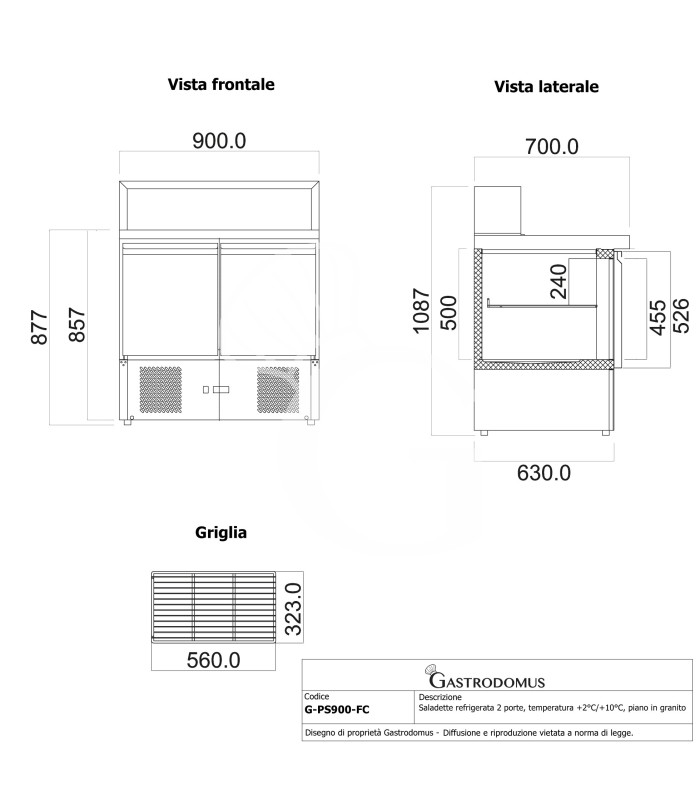 Saladette refrigerada 2 puertas, temperatura +2°C/+10°C, encimera de granito