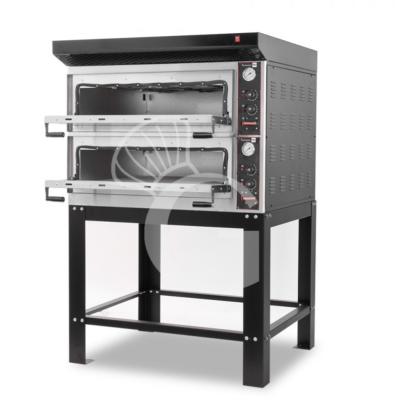Horno eléctrico mecánico  puerta de cristal 4 bandejas 600x400 o 4+4 pizzas Ø 400mm con campana negra soporte