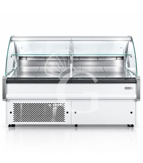 Mostrador refrigerado ventilado de cristal curvo, 0°/+5°C, L 1805 mm, completo de luz, estante intermedio y cristales traseros