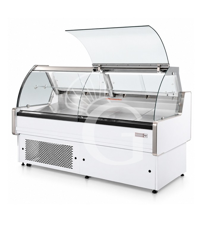 Mostrador refrigerado ventilado de cristal curvo, 0°/+5°C, L 1805 mm, completo de luz, estante intermedio y cristales traseros