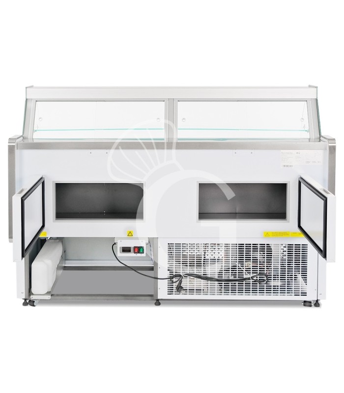 Mostrador refrigerado ventilado de cristal curvo, 0°/+5°C, L 1805 mm, completo de luz, estante intermedio y cristales traseros