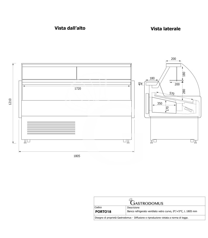 Mostrador refrigerado ventilado de cristal curvo, 0°/+5°C, L 1805 mm, completo de luz, estante intermedio y cristales traseros
