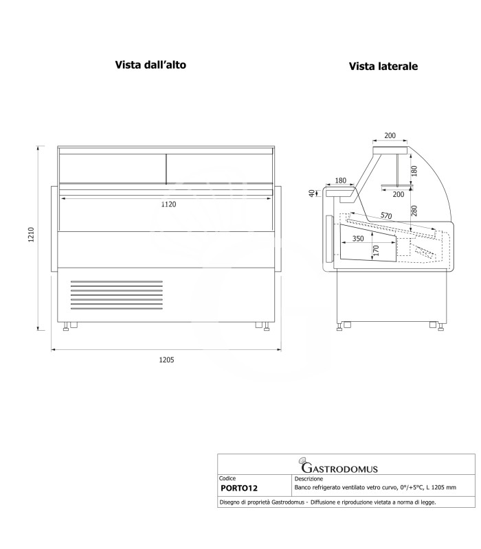Mostrador refrigerado ventilado de cristal curvo, 0°/+5°C, L 1205 mm, completo de luz, estante intermedio y cristales traseros
